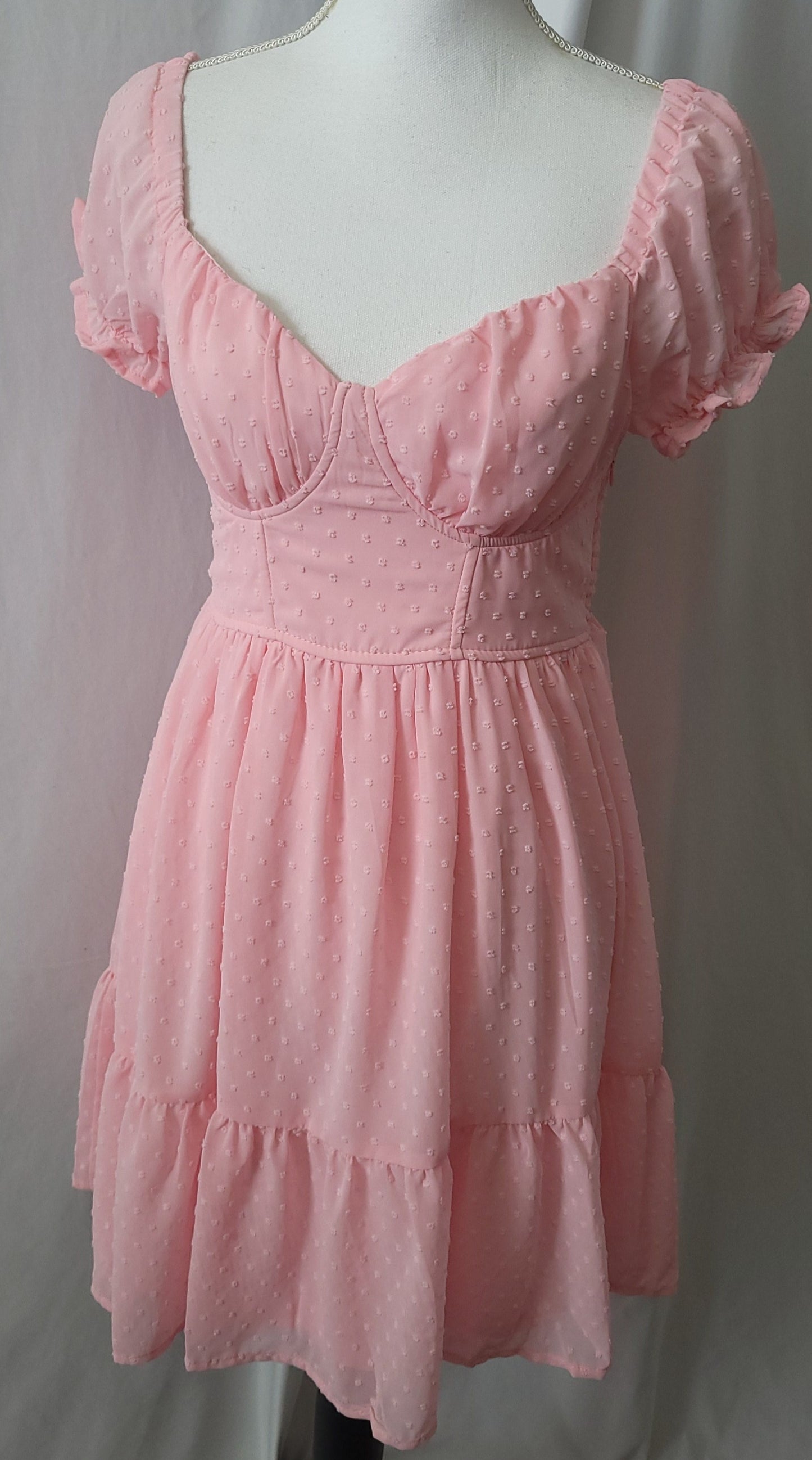 SWISS DOT SWEETHEART NECKLINE MINI DRESS-Pink Bubblegum