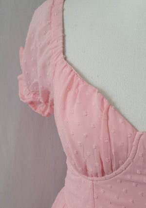 SWISS DOT SWEETHEART NECKLINE MINI DRESS-Pink Bubblegum