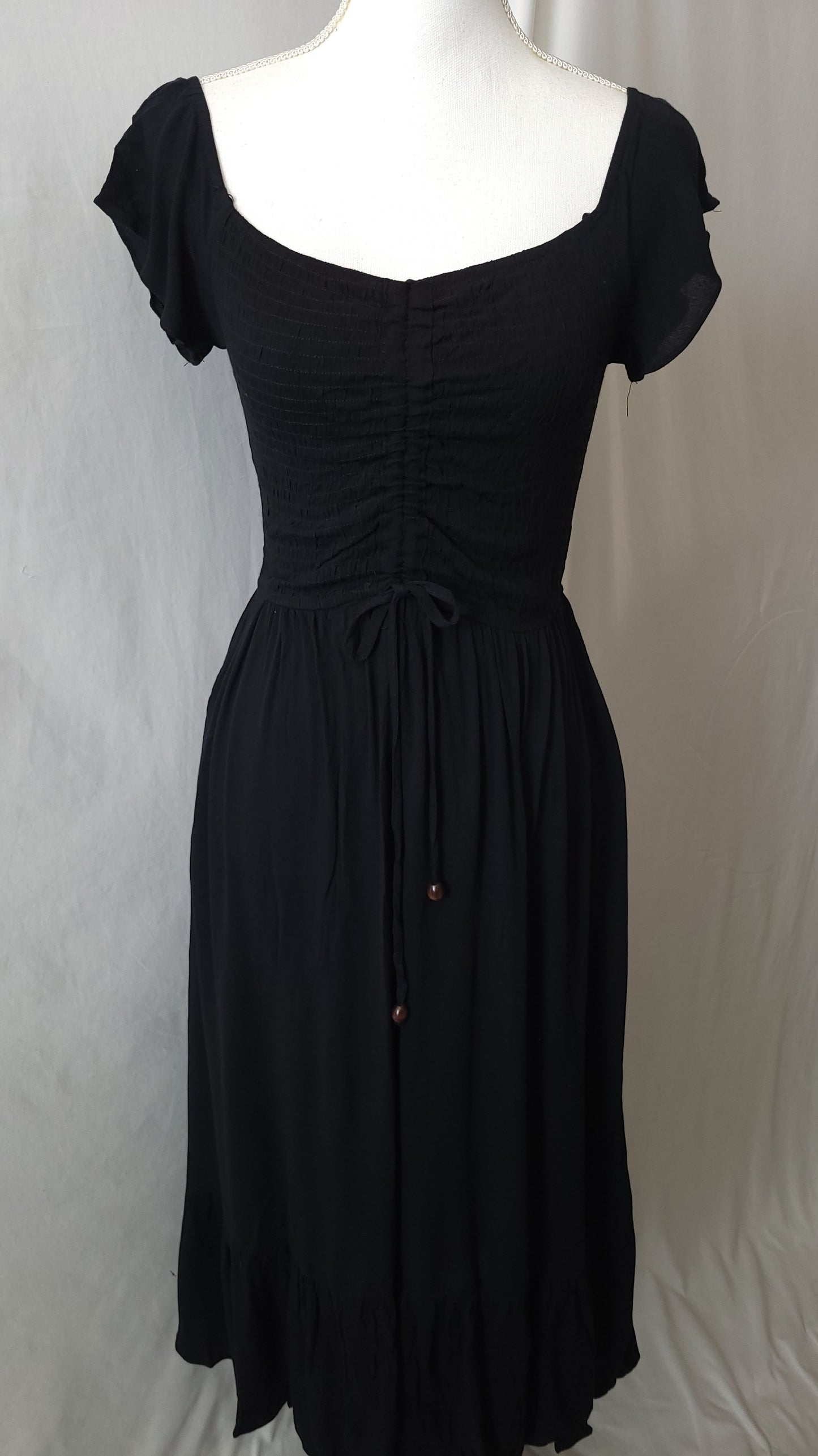 SMOCKED OFF SHOULDER RUCHED CHEST MAXI DRESS-BLACK