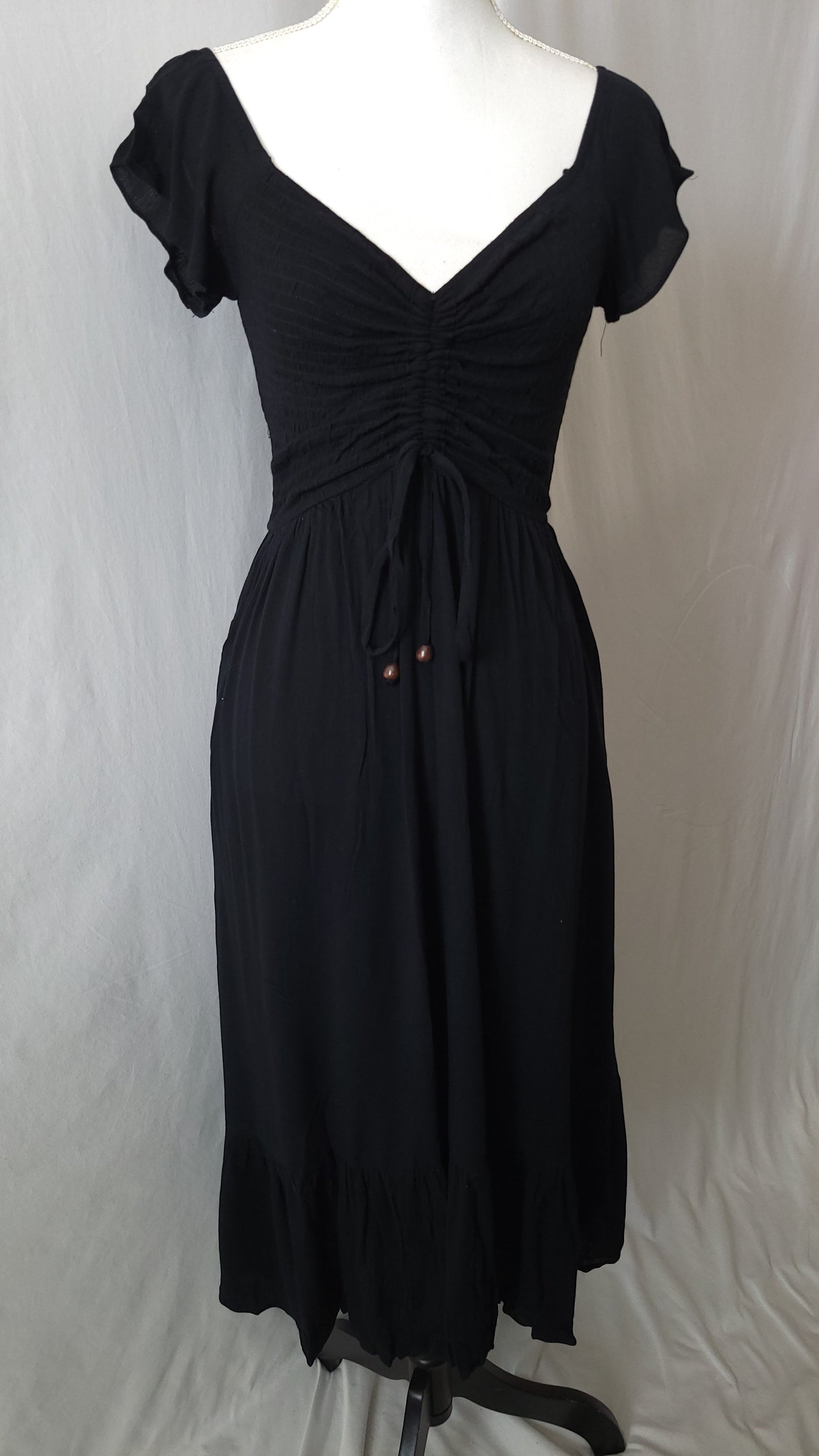 SMOCKED OFF SHOULDER RUCHED CHEST MAXI DRESS-BLACK