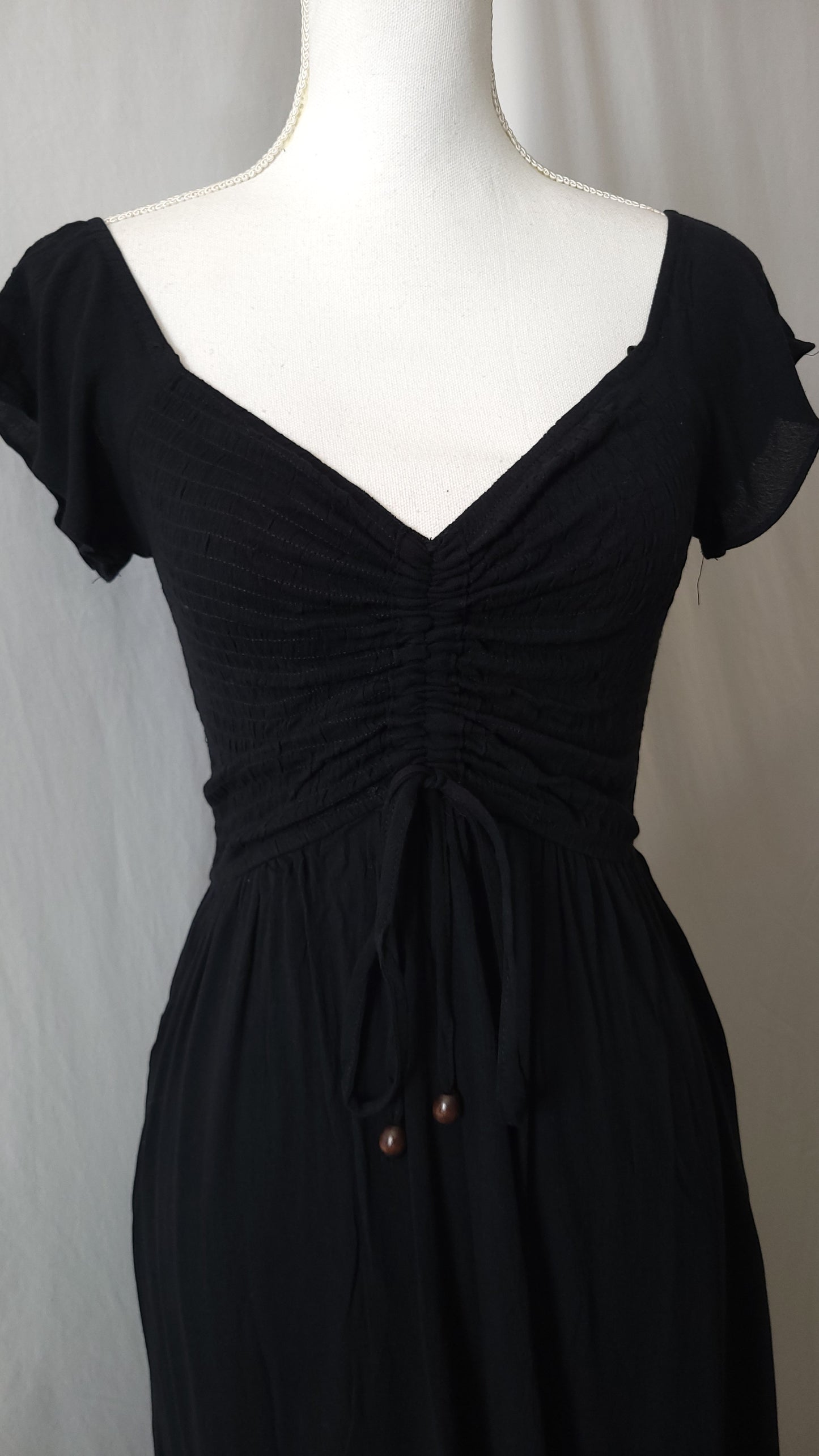 SMOCKED OFF SHOULDER RUCHED CHEST MAXI DRESS-BLACK