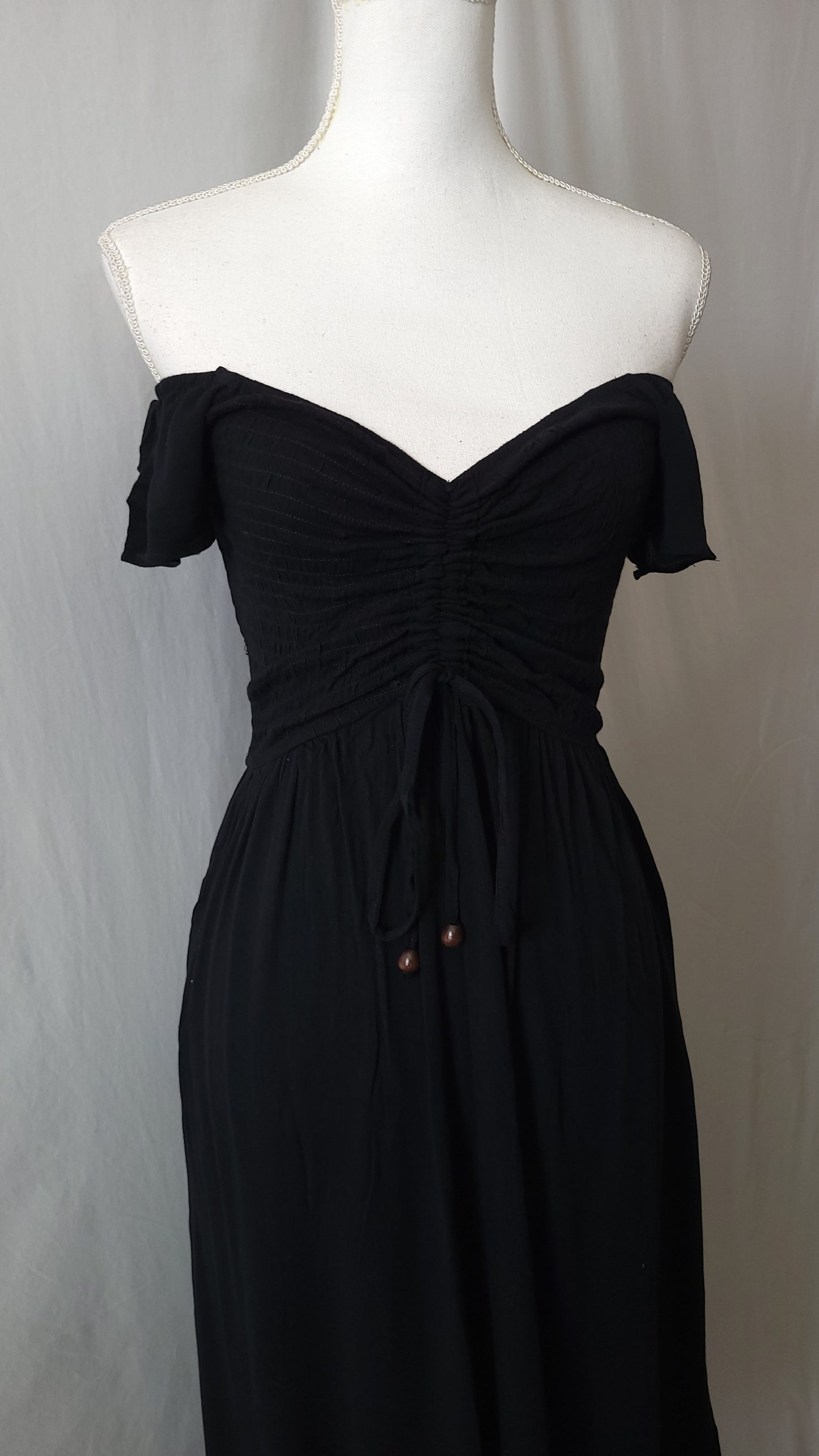 SMOCKED OFF SHOULDER RUCHED CHEST MAXI DRESS-BLACK