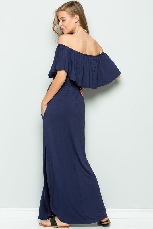 Off The Shoulder Maxi Dress-Navy