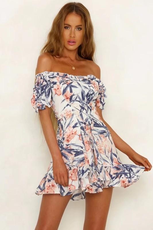 Off The Shoulder Floral Back Corset Tie Back Dress