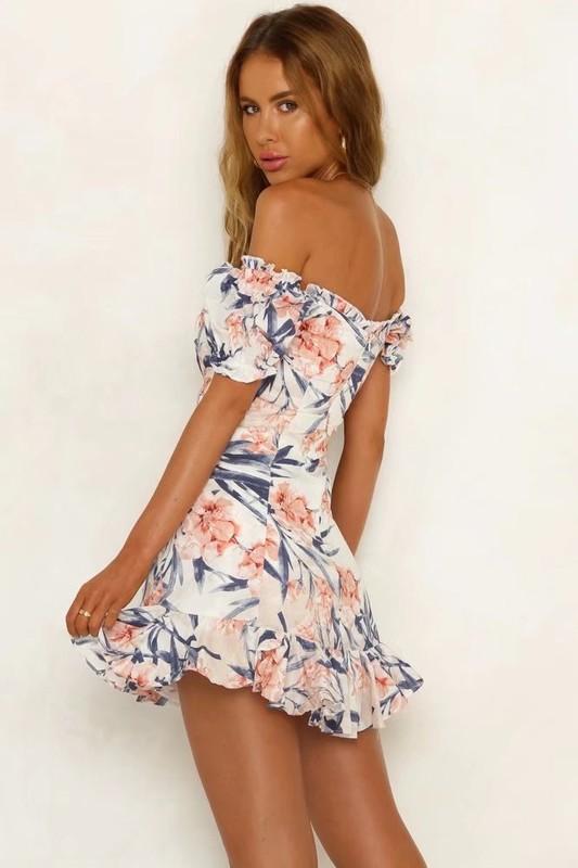 Off The Shoulder Floral Back Corset Tie Back Dress