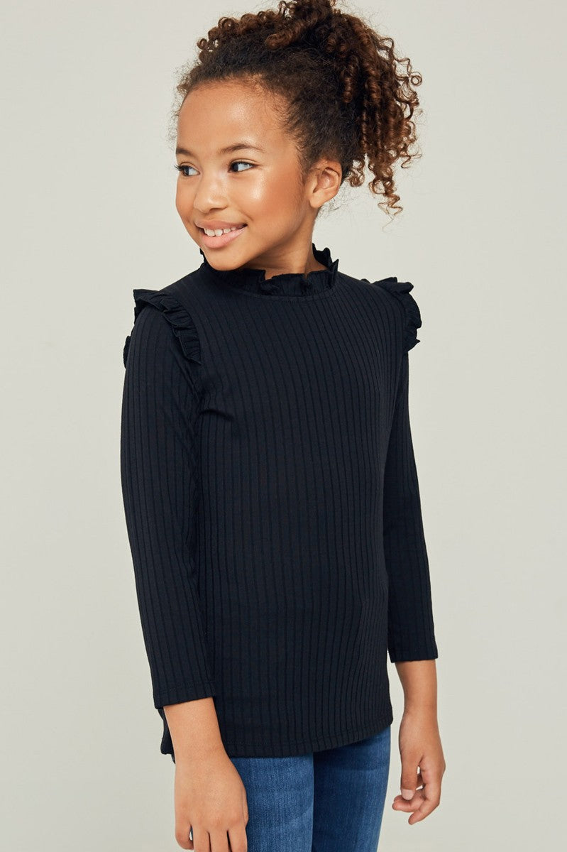 Kid's Ribbed Ruffled Mock Neck Long sleeve