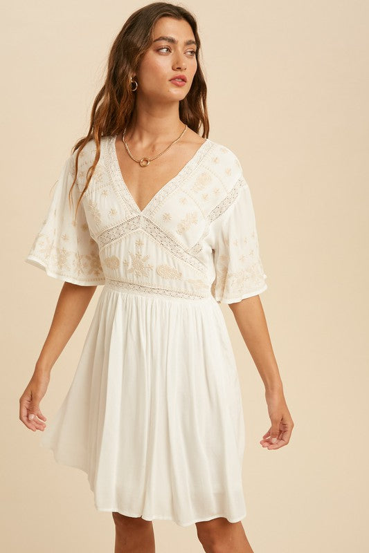 Flutter Sleeves EMBROIDERED MINI White DRESS