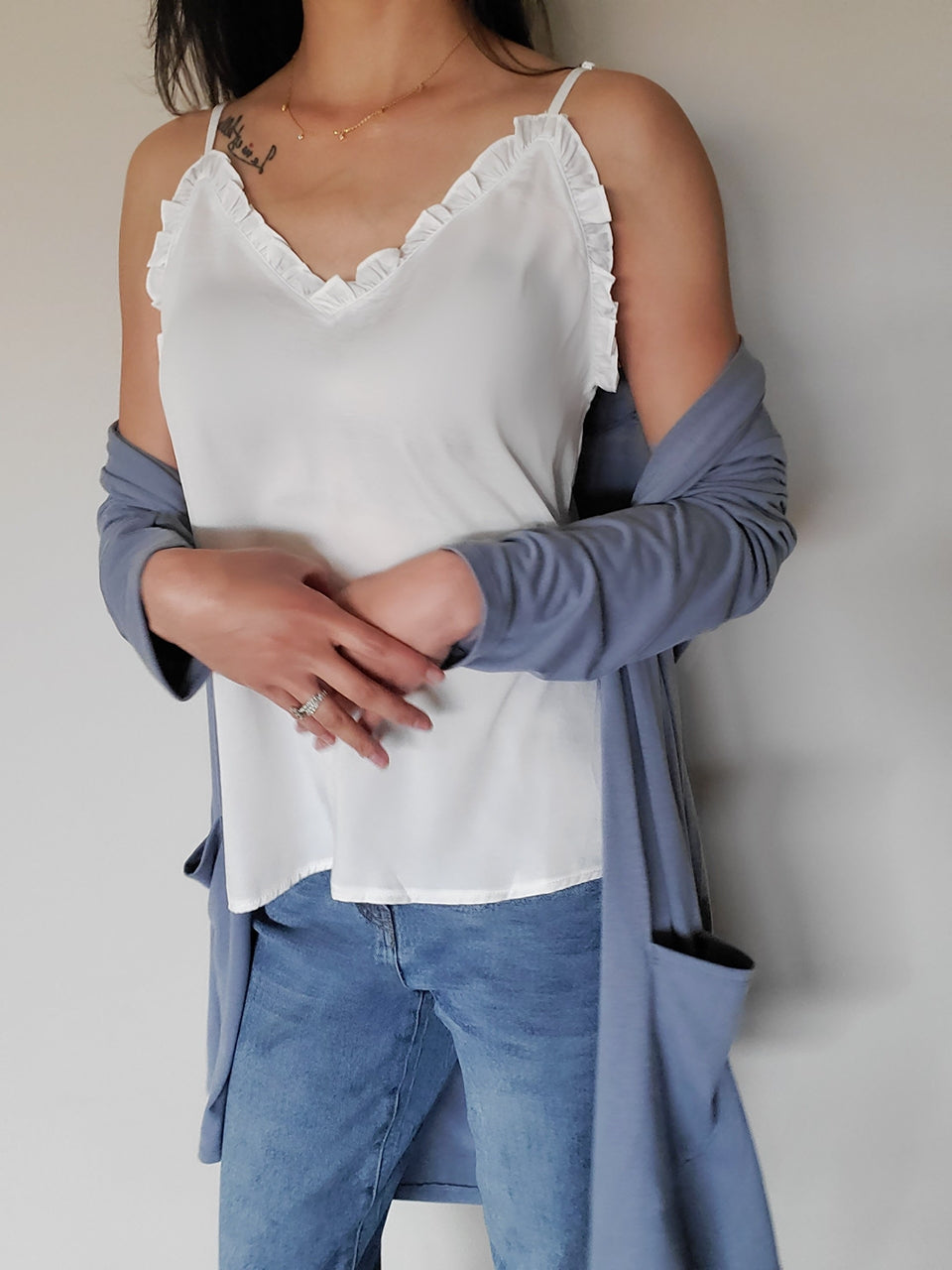 V-Neck Ruffle Camisole Tank Top-White (S-2XL)