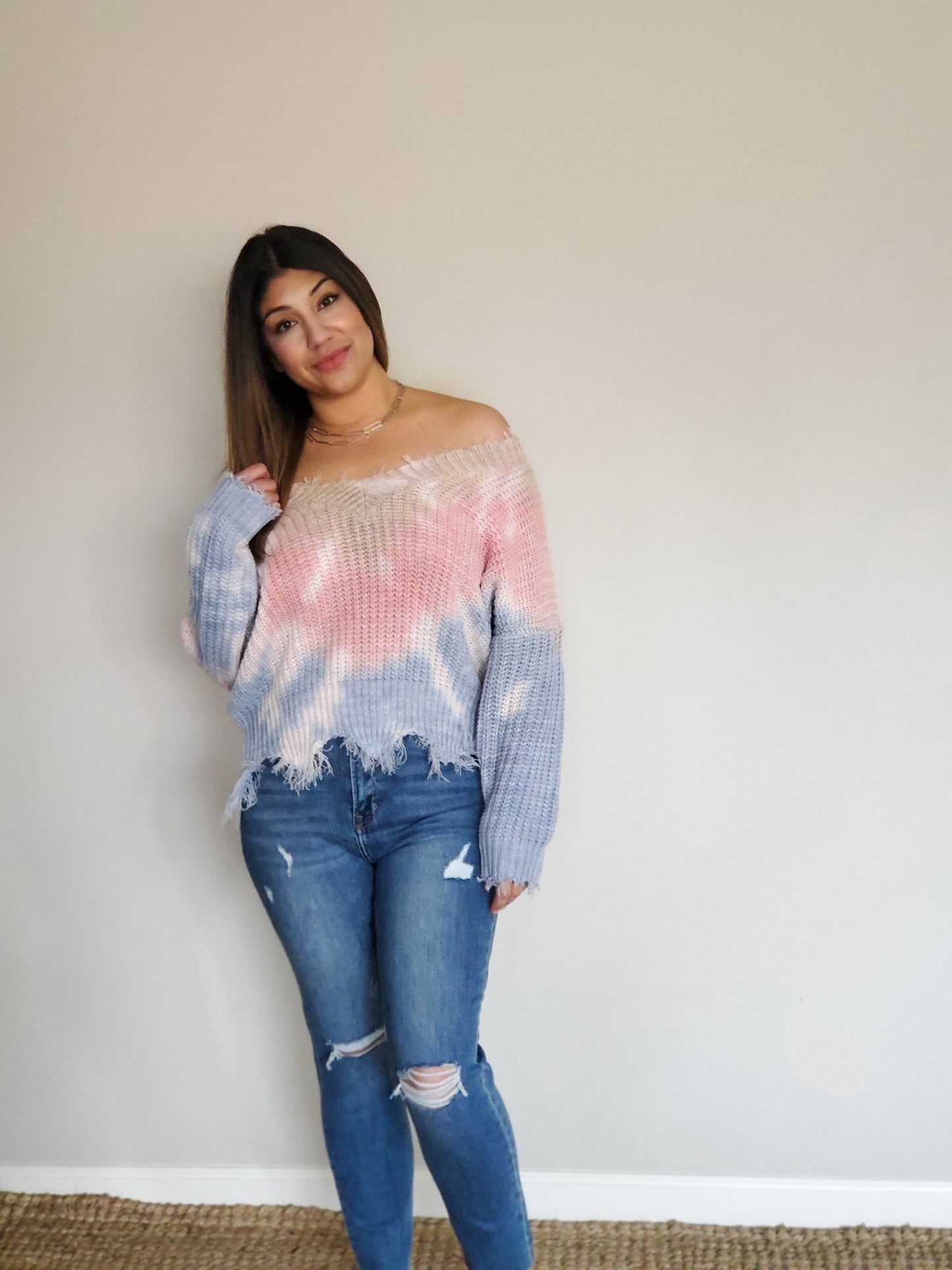 Distressed V Neck Multi Color Sweater