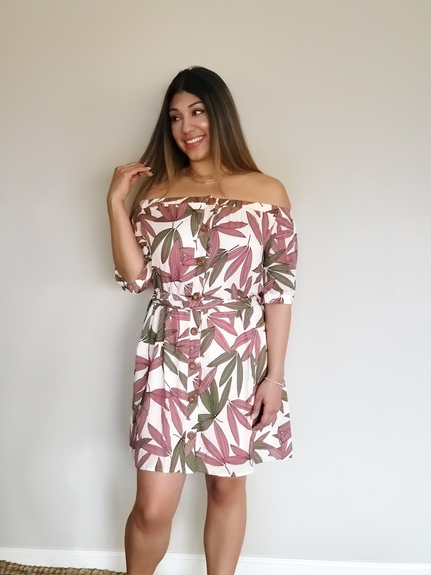 FLORAL PRINT OFF THE SHOULDER BUTTON DOWN DRESS