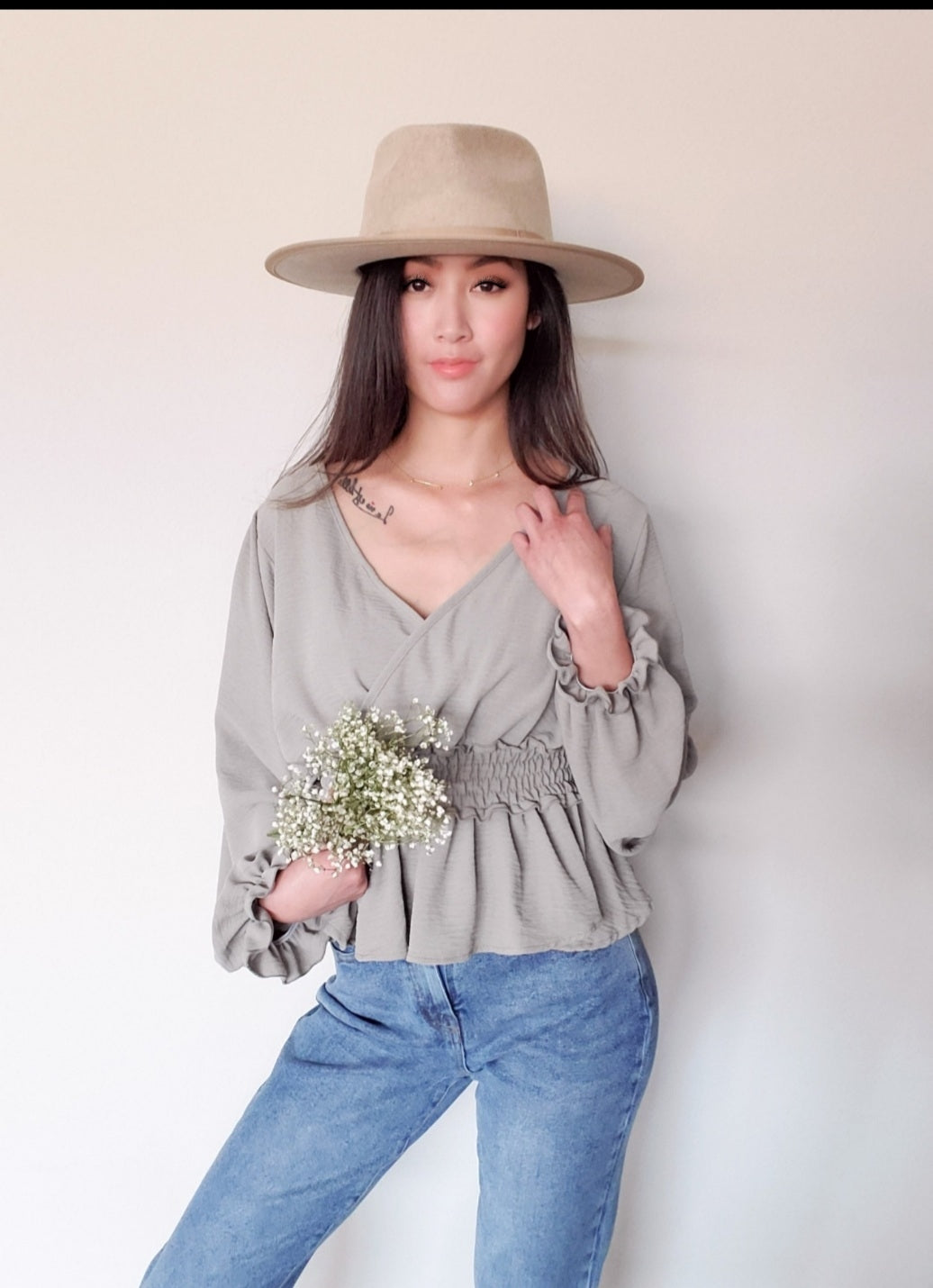 Smocked Waist Olive Long Sleeve Top