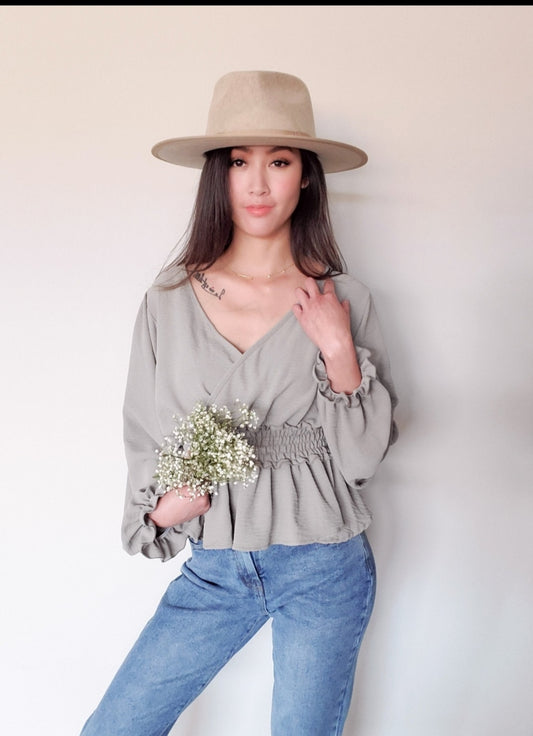 Smocked Waist Olive Long Sleeve Top