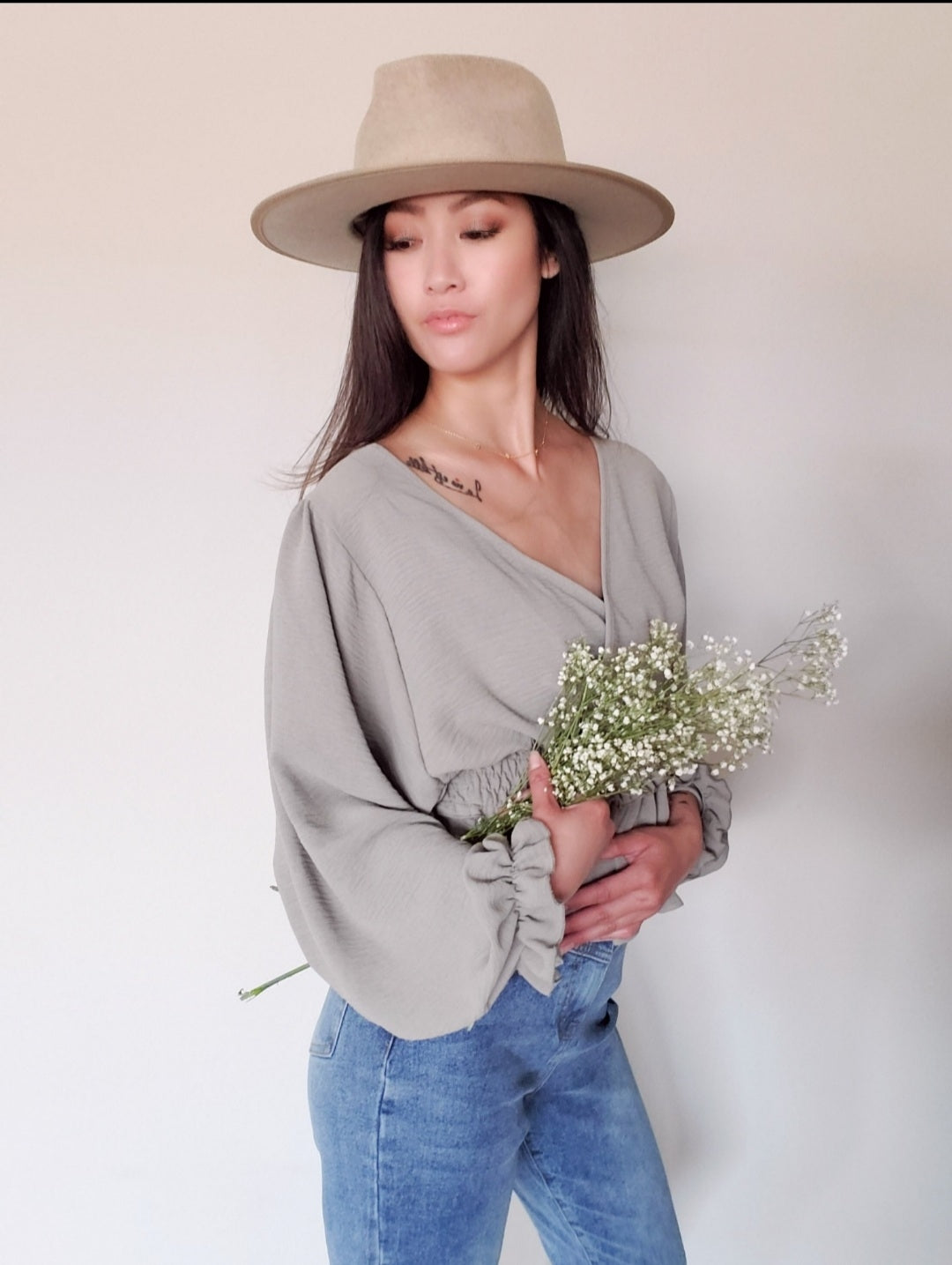 Smocked Waist Olive Long Sleeve Top