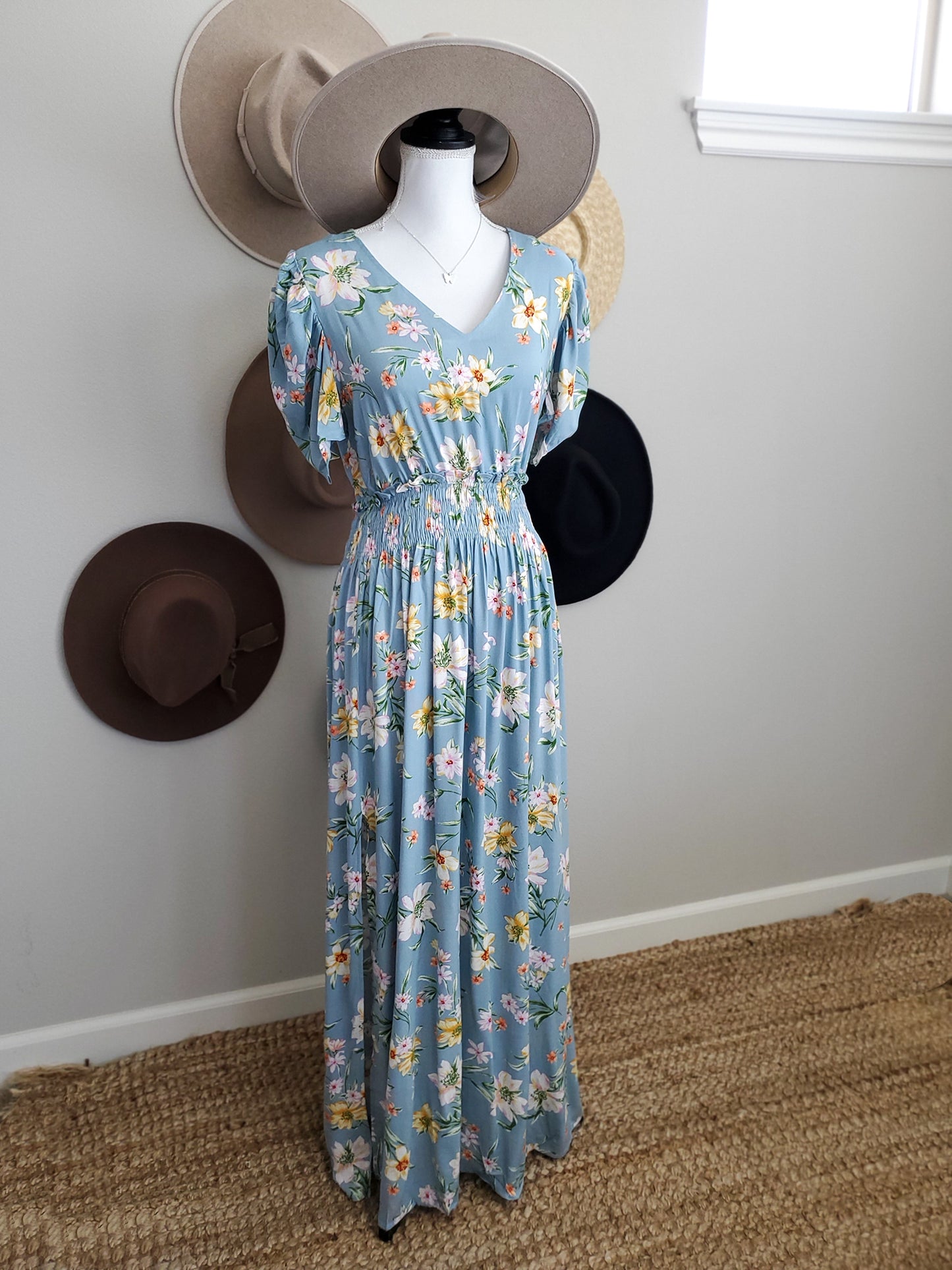 Floral-Print Puff-Sleeve Maxi Dress With Side Slits