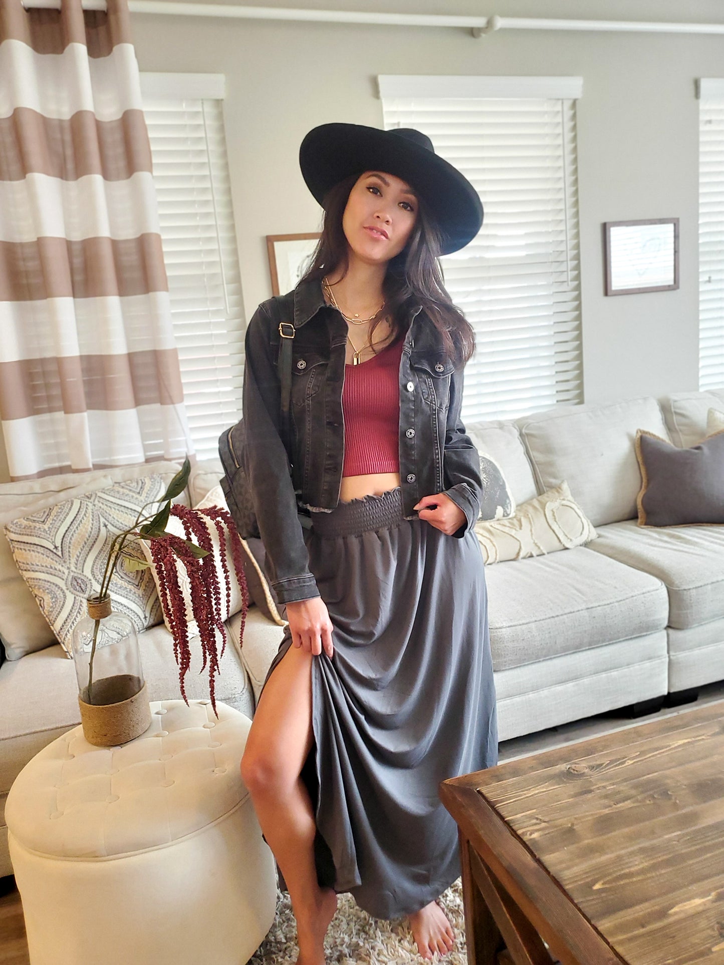 Smocked Maxi Skirt-Charcoal