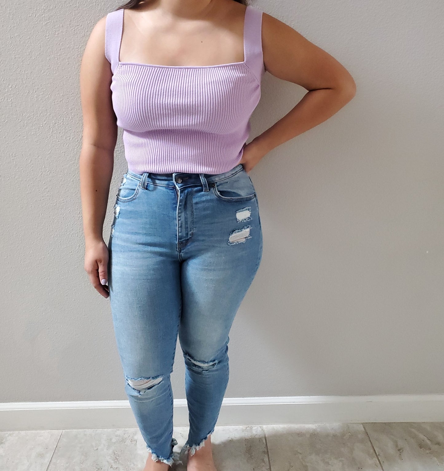 Lavender '90s-vibe ribbed cropped thick ribbed top.