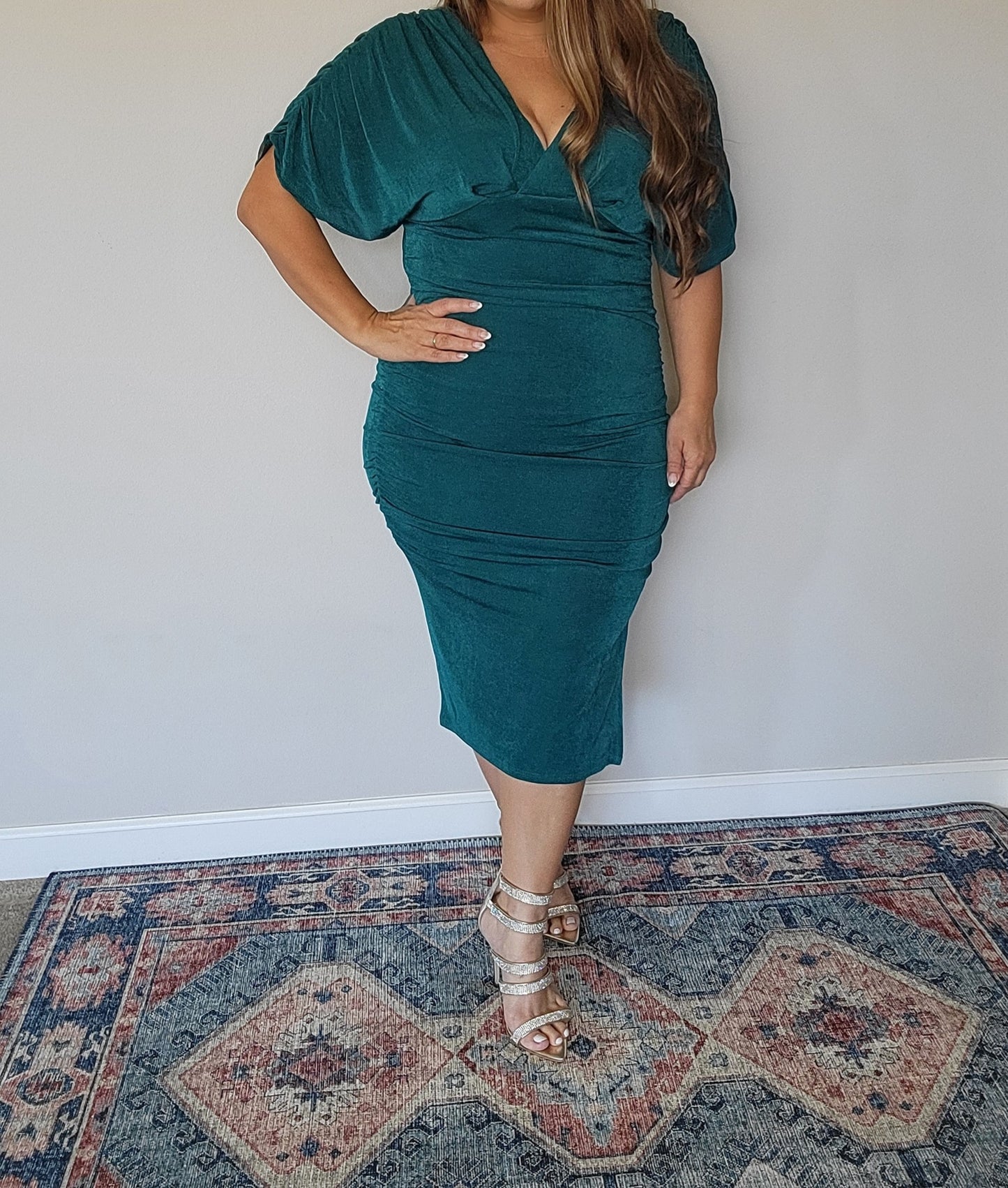 Ruched Bodycon Slinky Green Dress With Side Slit