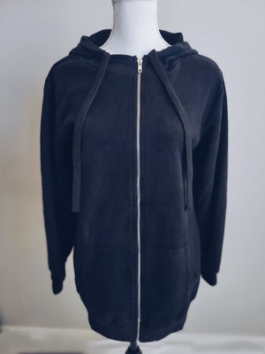 Zip Up Long Hoodie Jacket Tunic Sweatshirt -Black