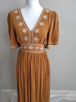 GOLDEN POPPY FLUTTER SLEEVES EMBROIDERED DRESS