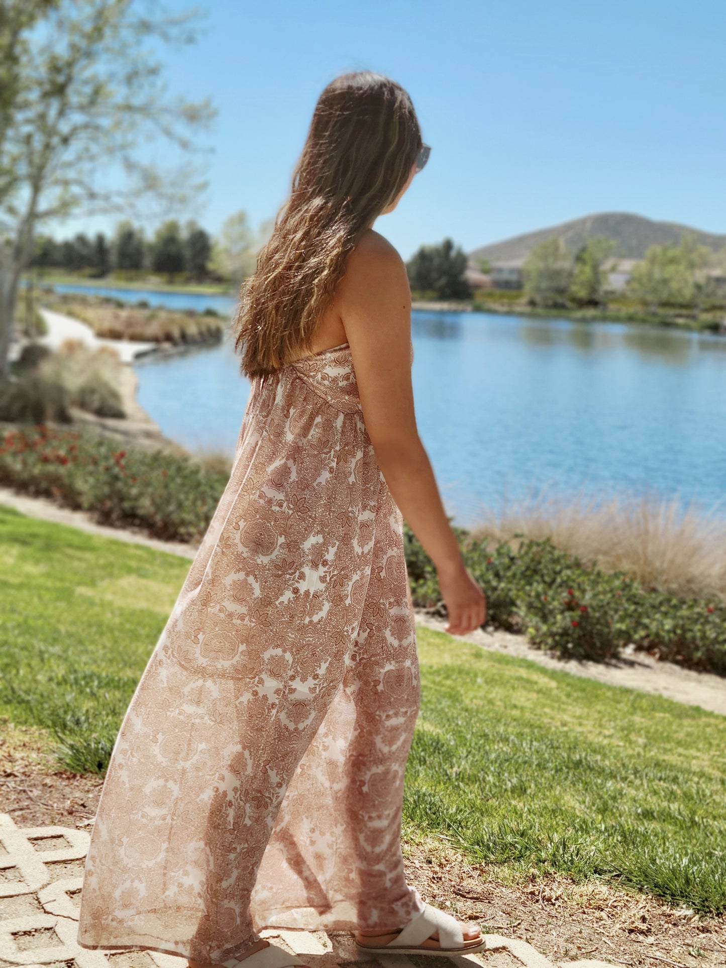 Ornate Floral Chiffon Open-Back Halter Maxi Dress