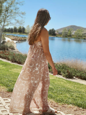 Ornate Floral Chiffon Open-Back Halter Maxi Dress