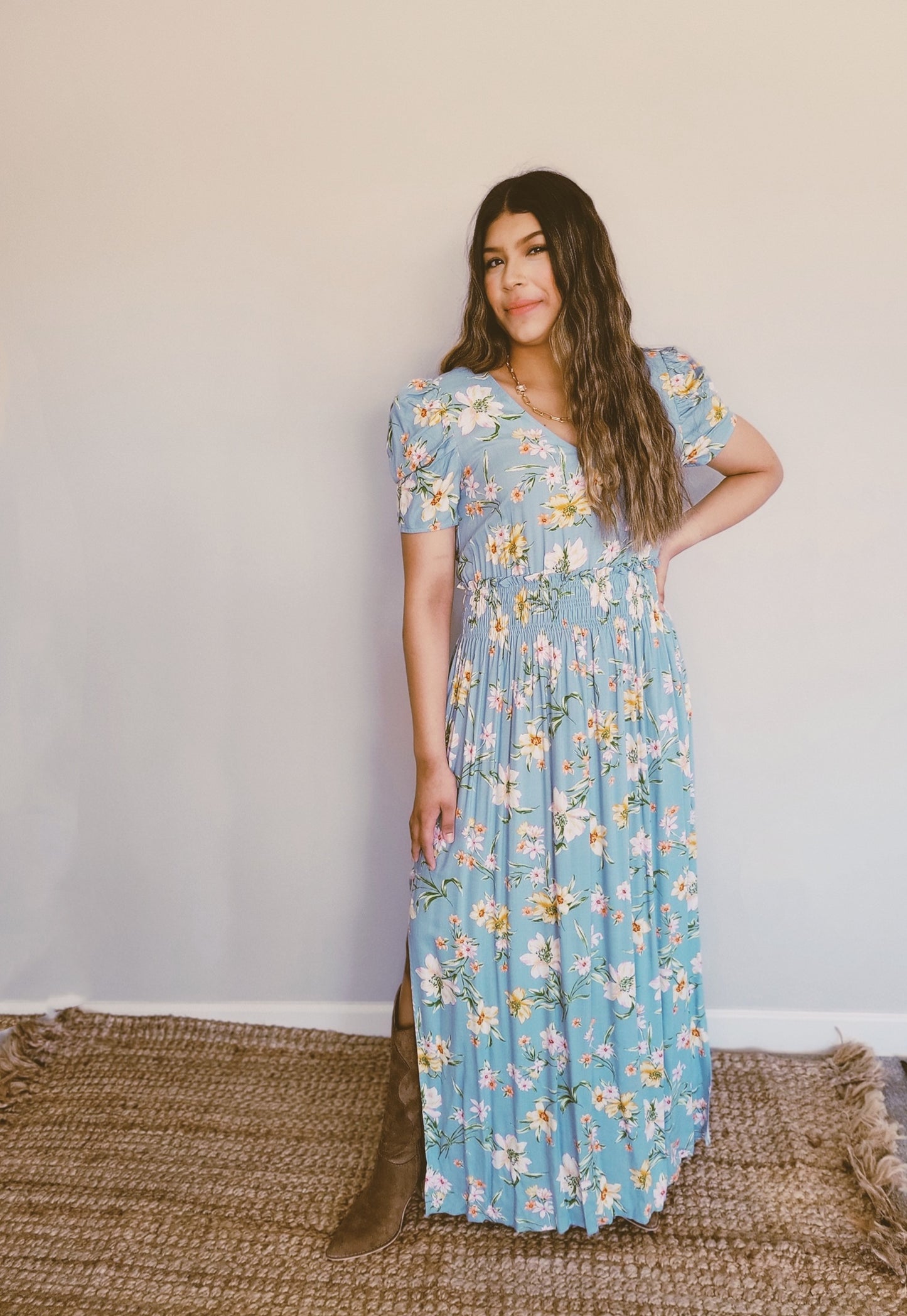 Floral-Print Puff-Sleeve Maxi Dress With Side Slits