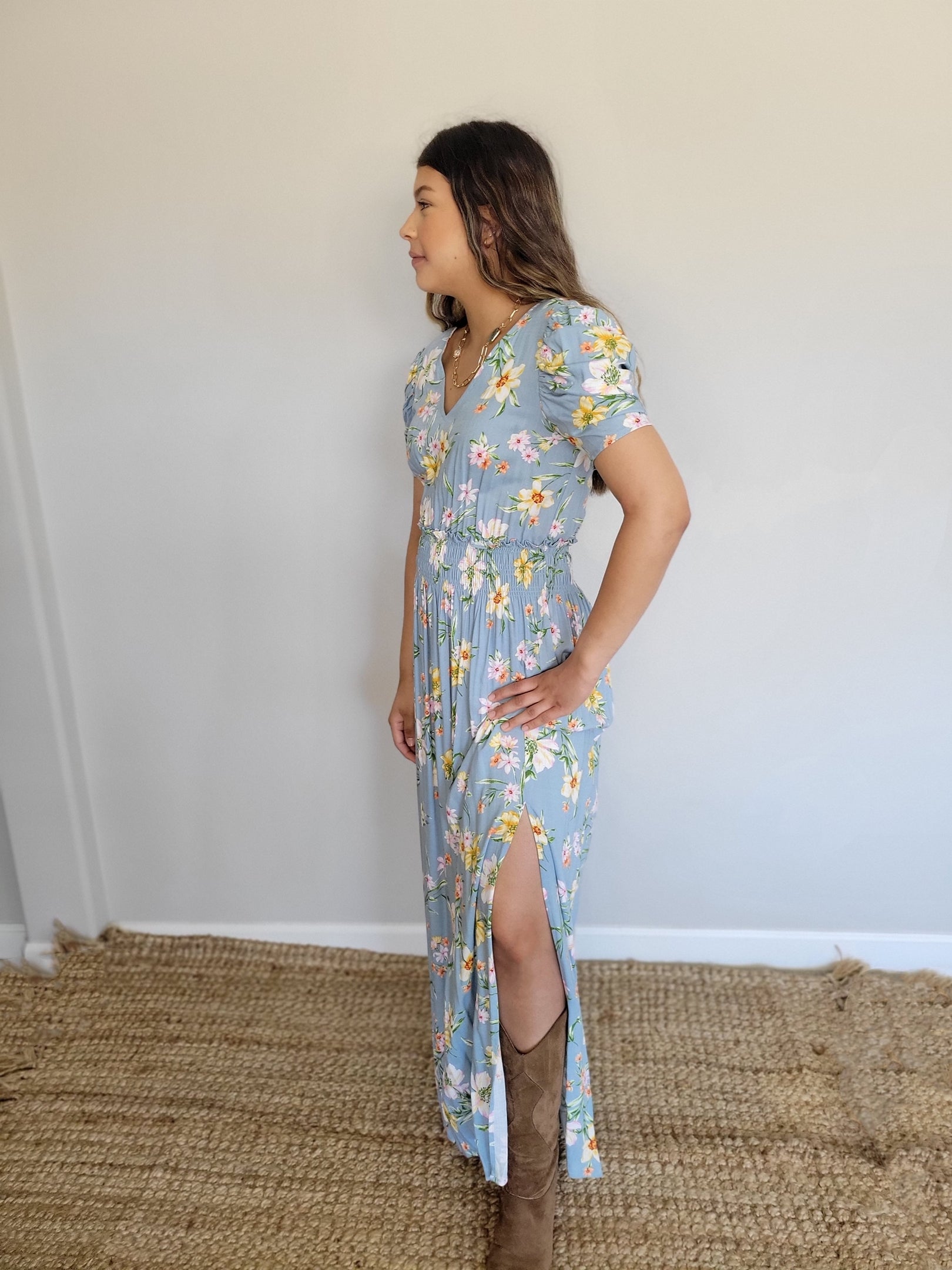 Floral-Print Puff-Sleeve Maxi Dress With Side Slits
