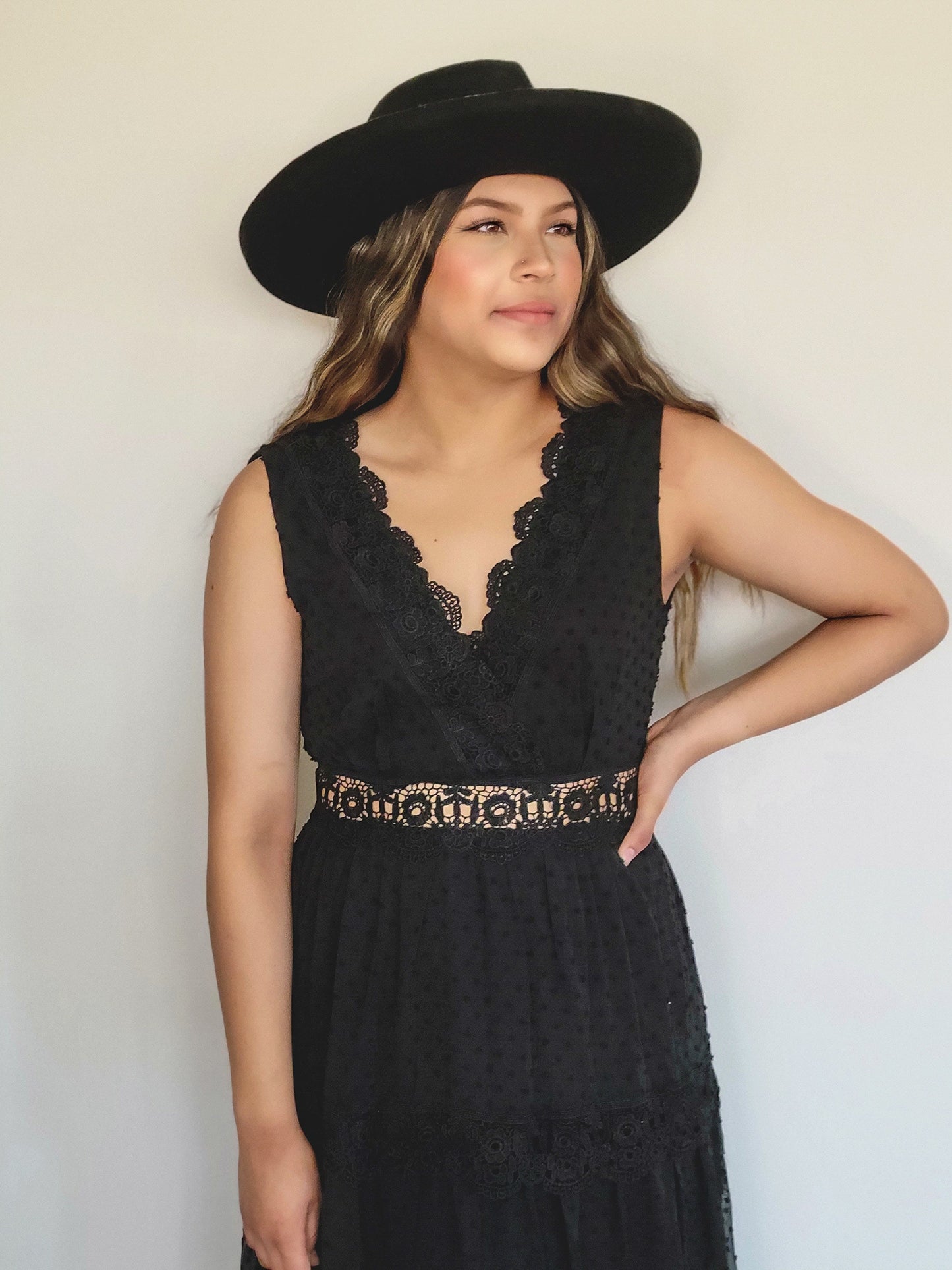 WOVEN MAXI DRESS WAIST LACE BAND Black