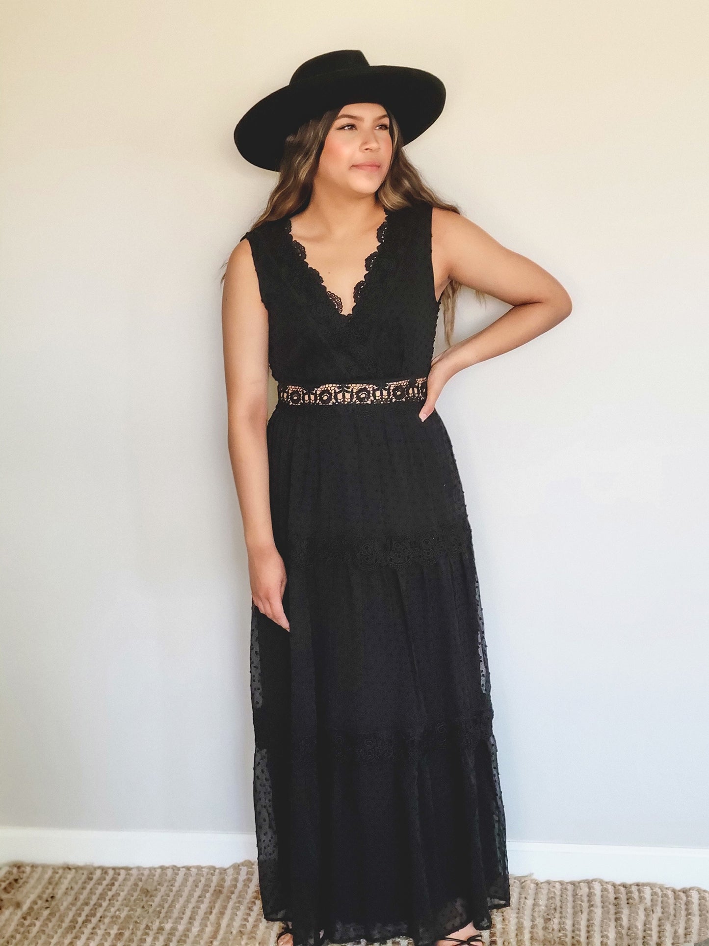 WOVEN MAXI DRESS WAIST LACE BAND Black