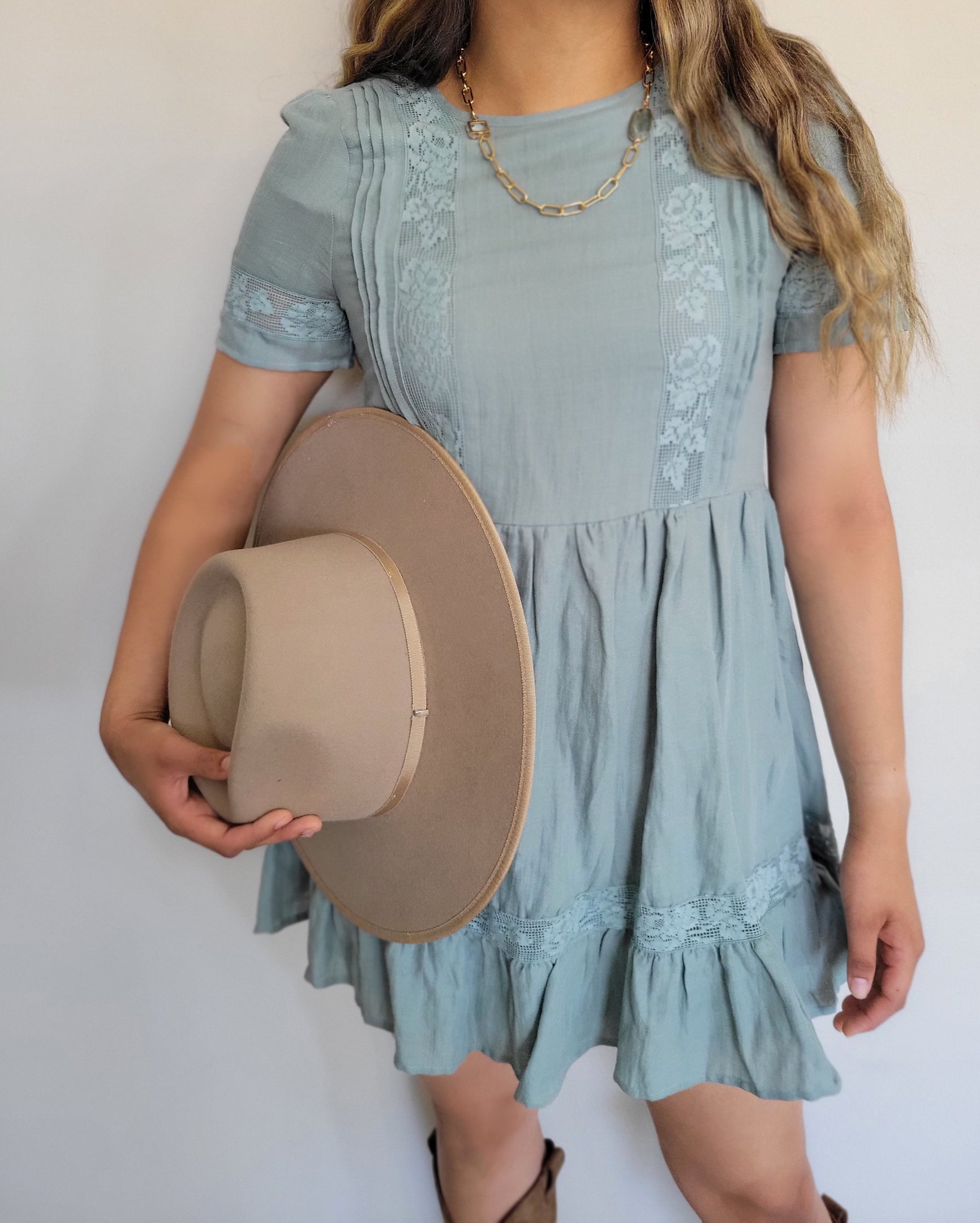 Cotton Babydoll Lace Inset Sage Green Dress Large Cotton Babydoll Lace Inset Sage Green Dress Large