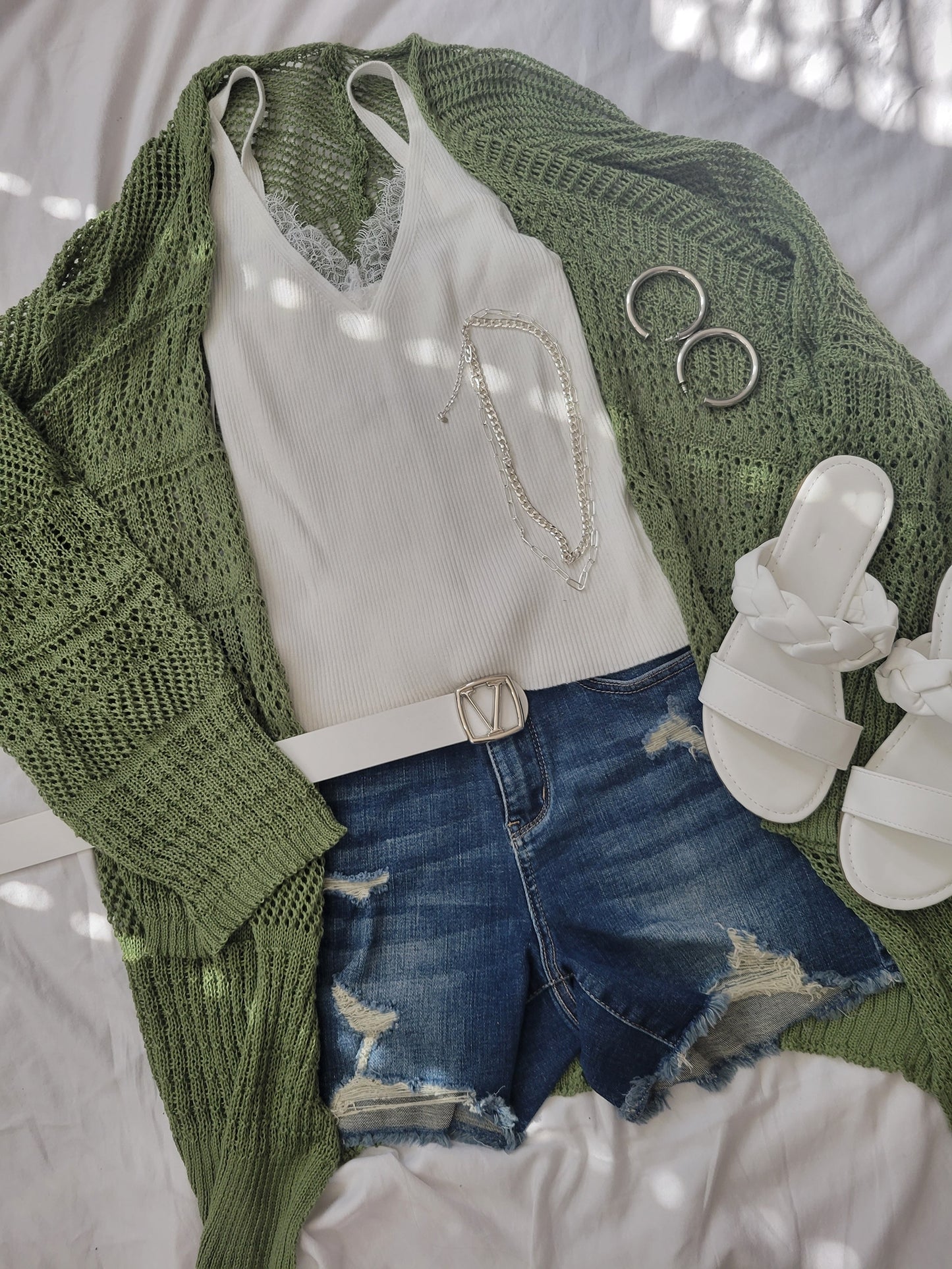 Knit Netted Open Cardigan-Moss