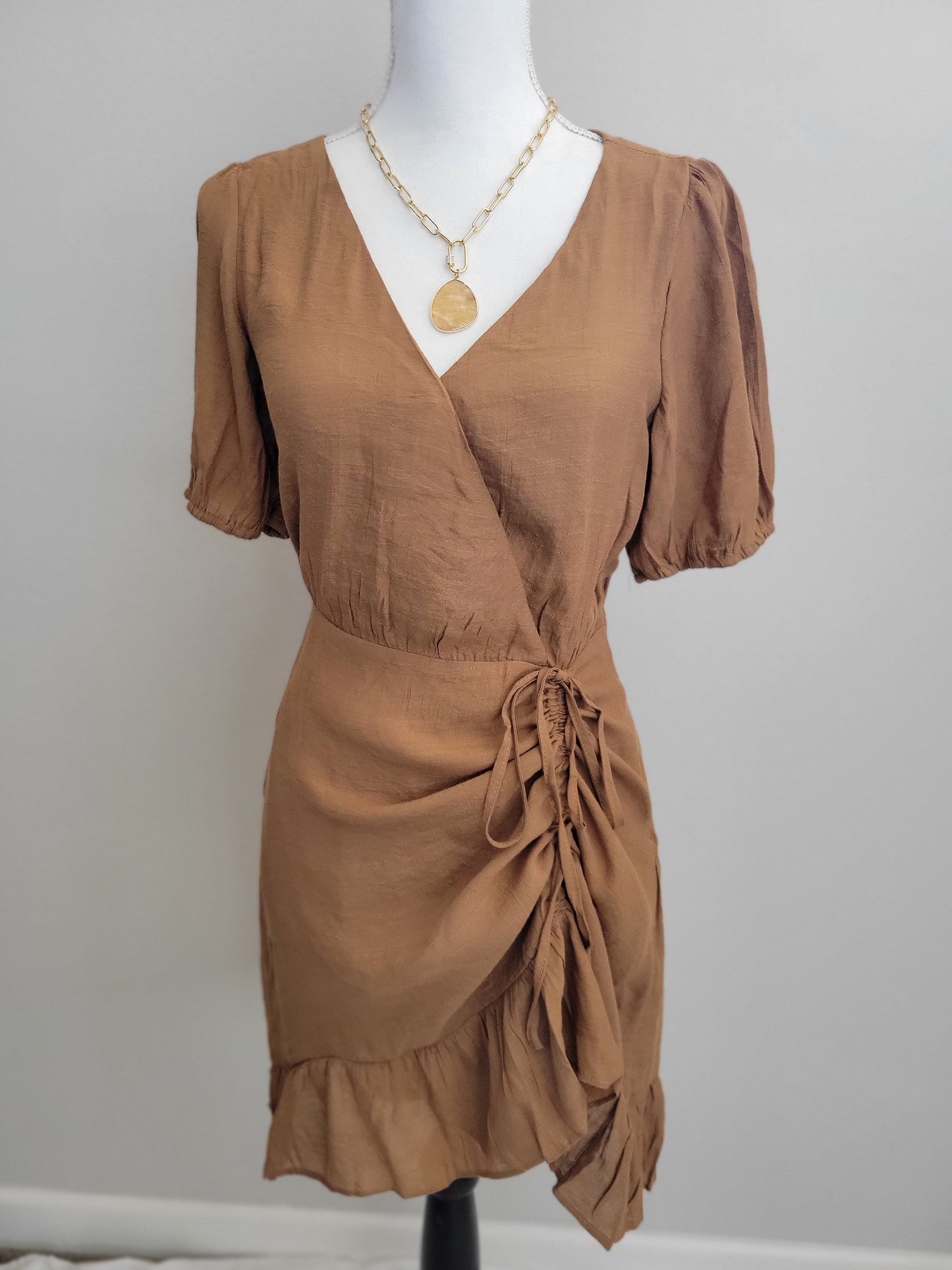 ruched surplice mini dress Textured Ruched Surplice Short Sleeve Dress HT Marlowe