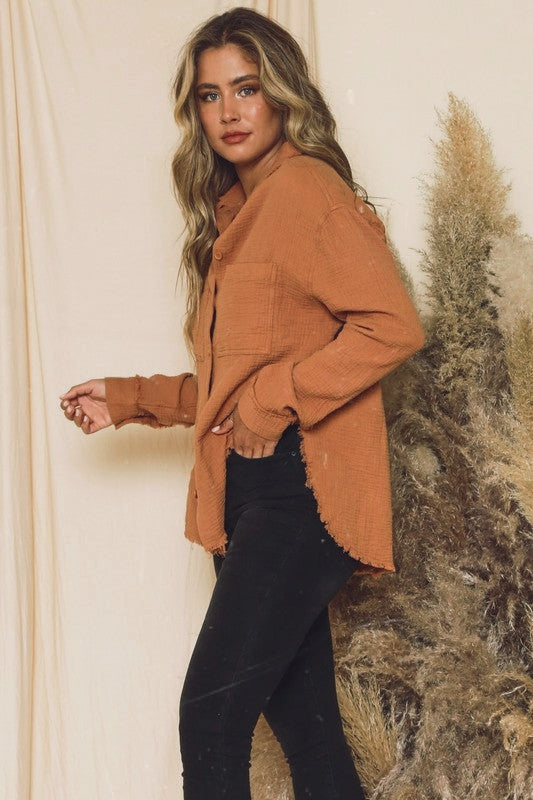 Long Sleeve Raw Edge Button Down Top-Camel