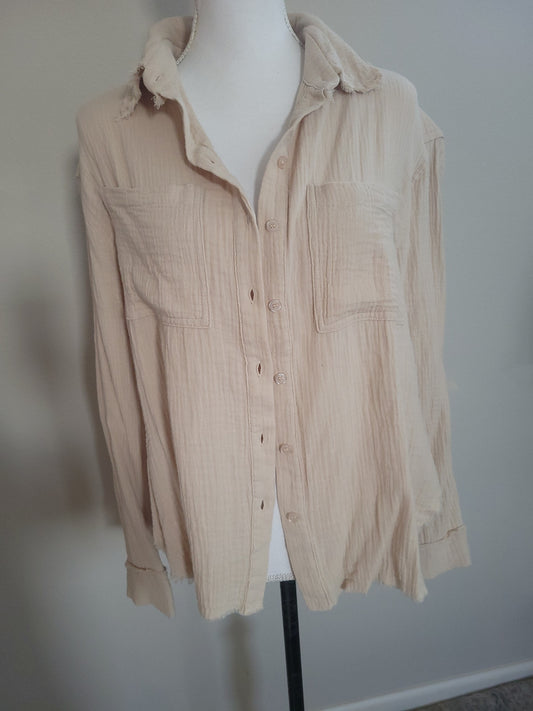 Oversized Long Sleeve Raw Edge Button Down Top-Beige