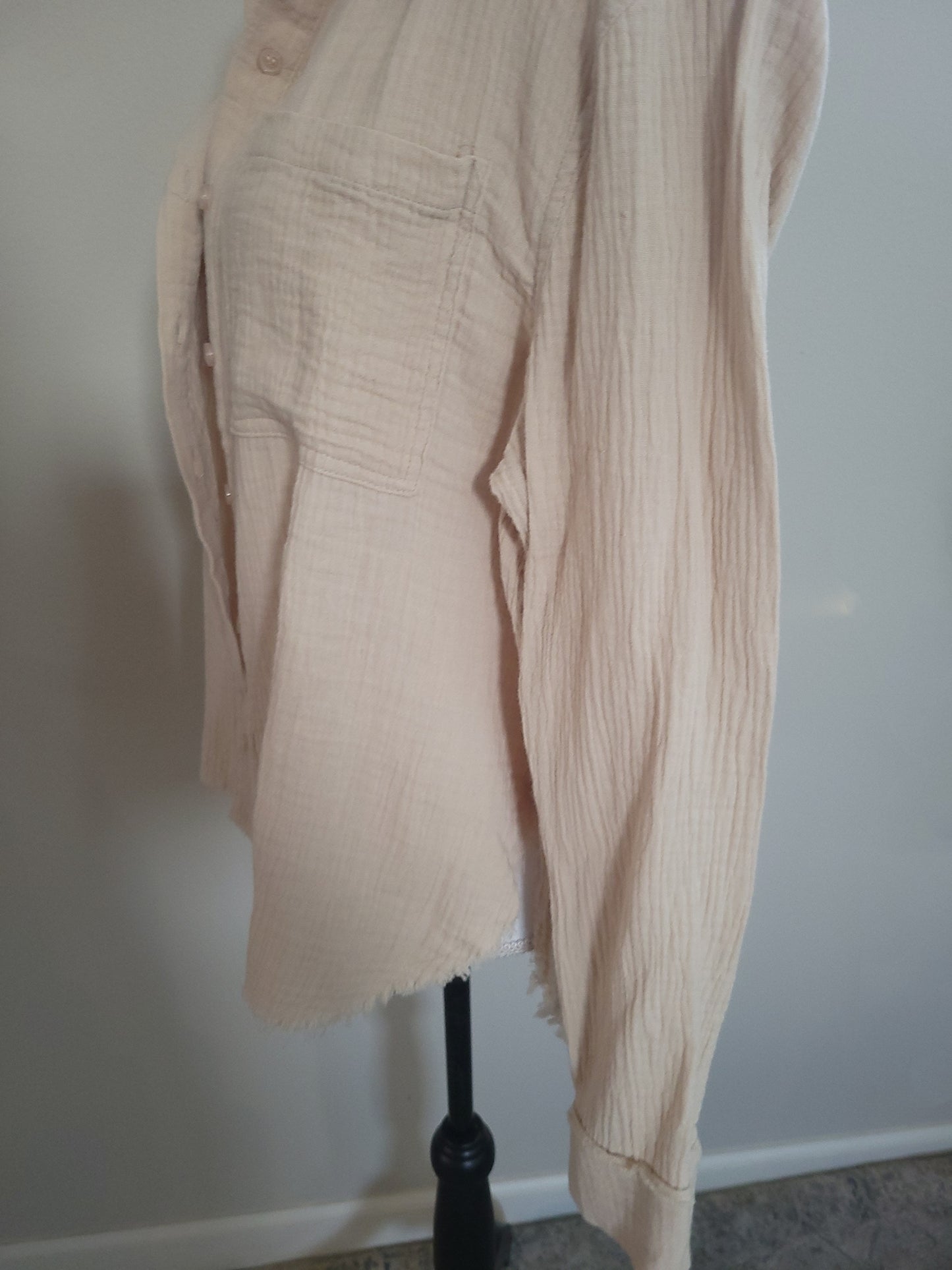 Oversized Long Sleeve Raw Edge Button Down Top-Beige