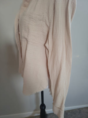 Oversized Long Sleeve Raw Edge Button Down Top-Beige