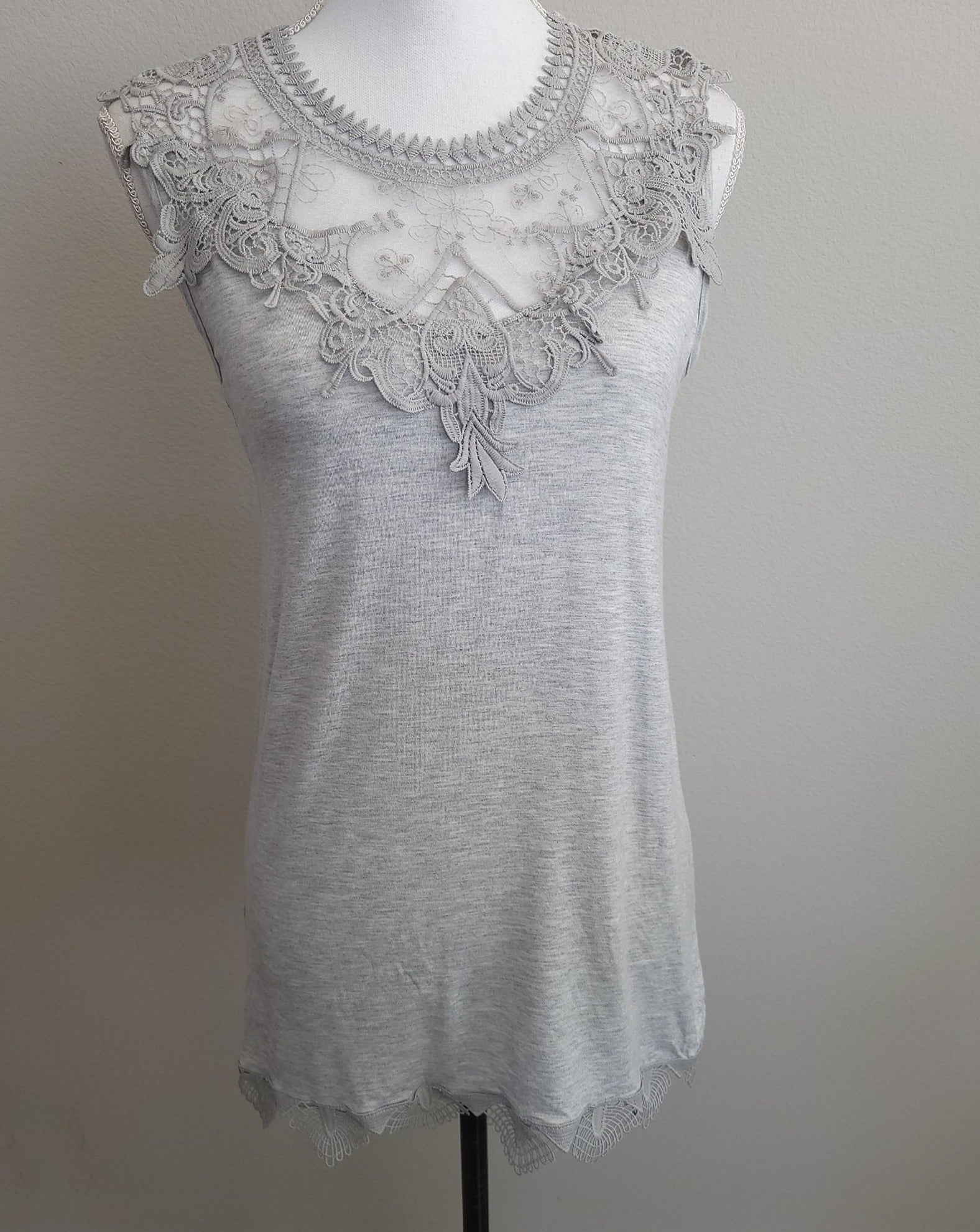Embroidery Lace Trim Lace Grey Tank Top S-XL