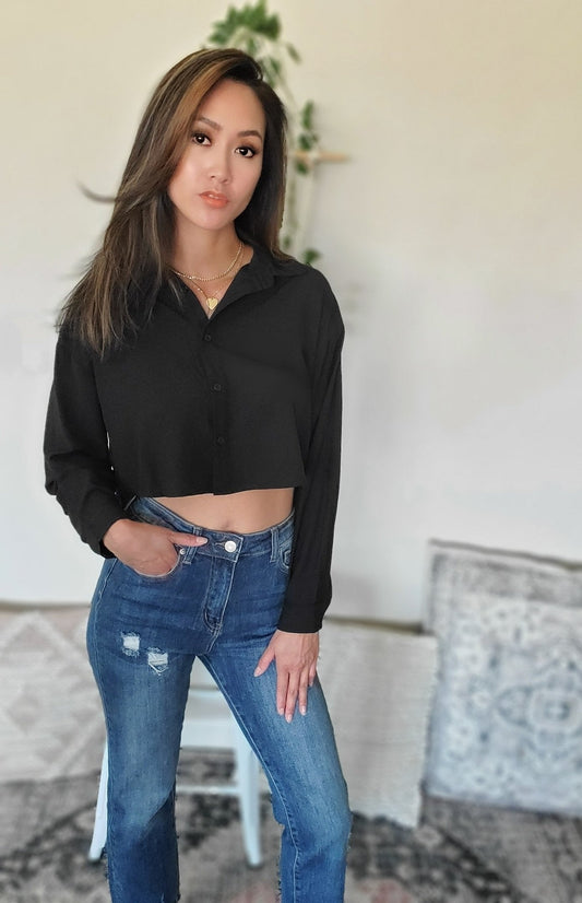 TENCEL CROPPED BUTTON DOWN SHIRT