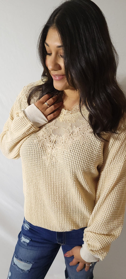 Lace Waffle Knit Top-Taupe