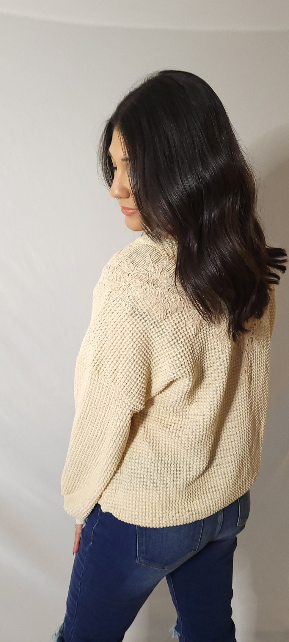 Lace Waffle Knit Top-Taupe