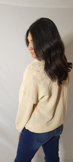 Lace Waffle Knit Top-Taupe