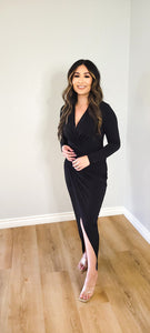 Long Sleeve Ruched  Surplice Bodycon Dress-Black