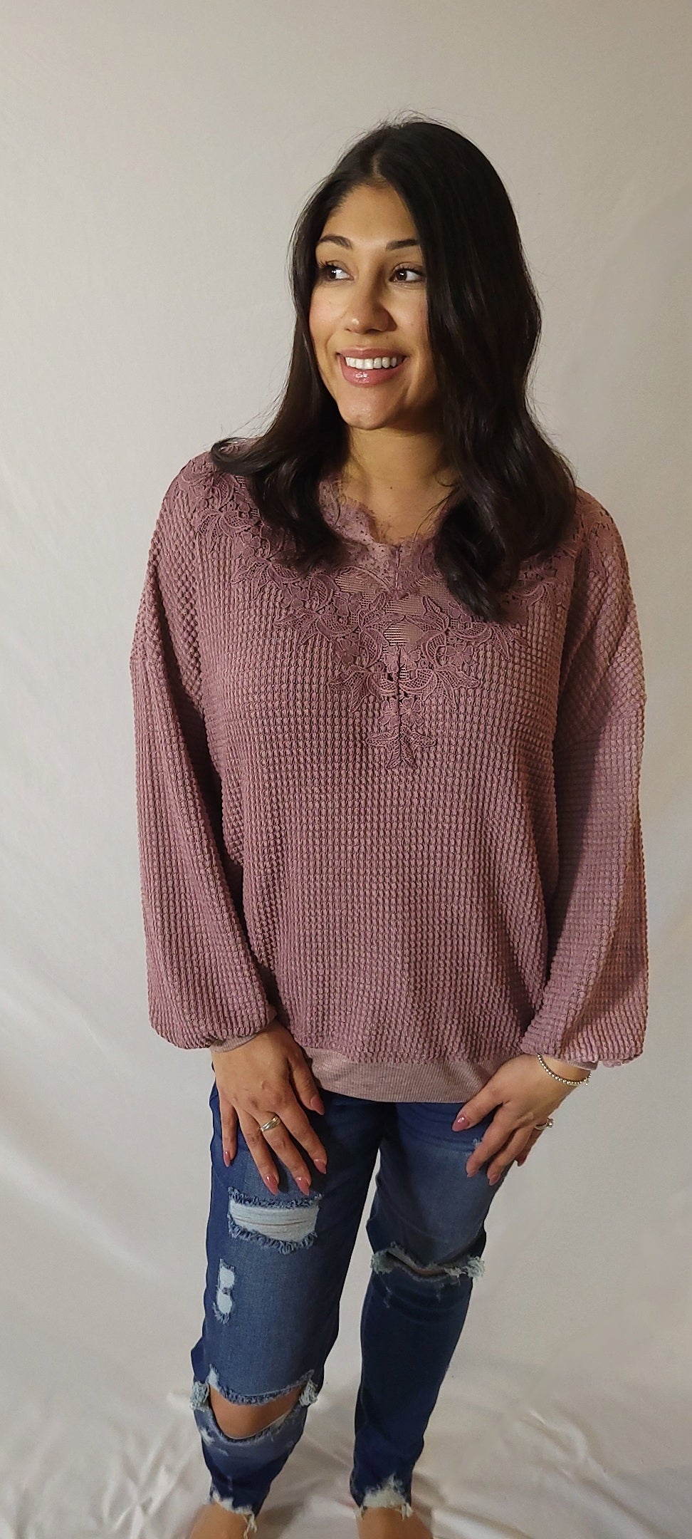 Lace Waffle Knit Top-Mauve