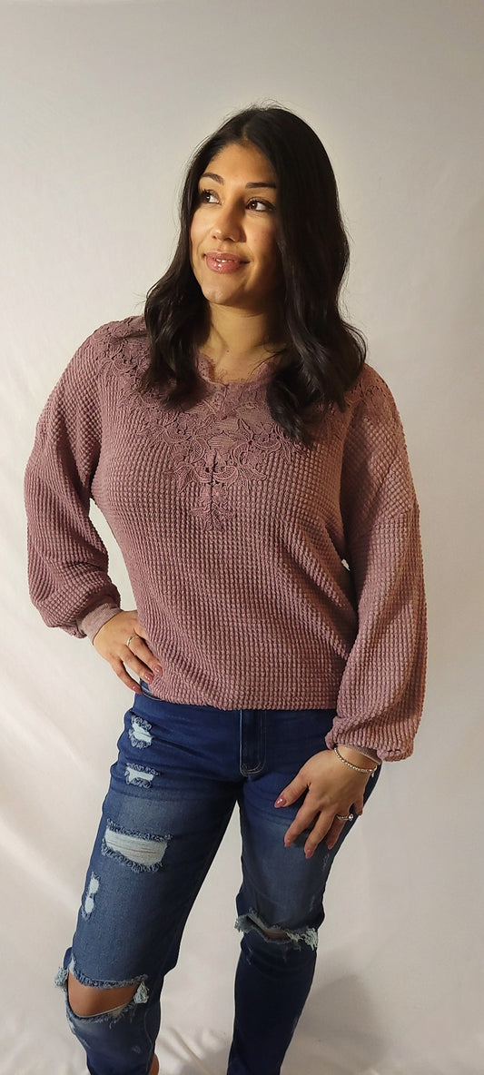 Lace Waffle Knit Top-Mauve