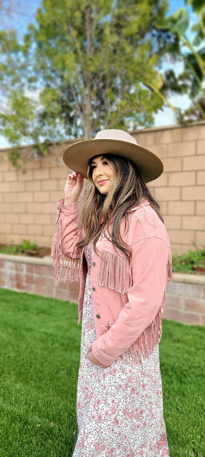 Twill Western Studded Fringe Jacket-Pink