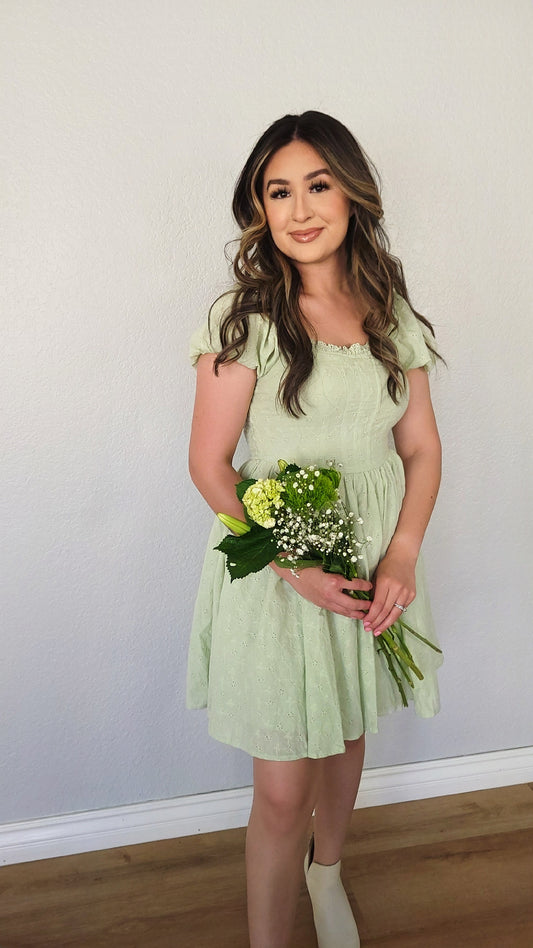 Corset Bodice Puff Sleeve Eyelet Green Mini Dress