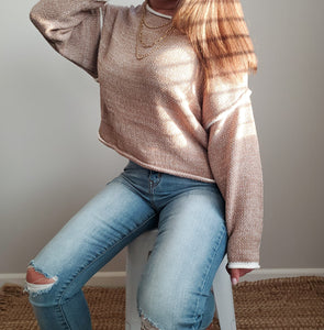 Long Sleeve Two Tone Knit Boxy Fit Crop Sweater Top