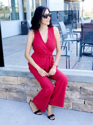Solid Sleeveless Essential Jumpsuit in Red