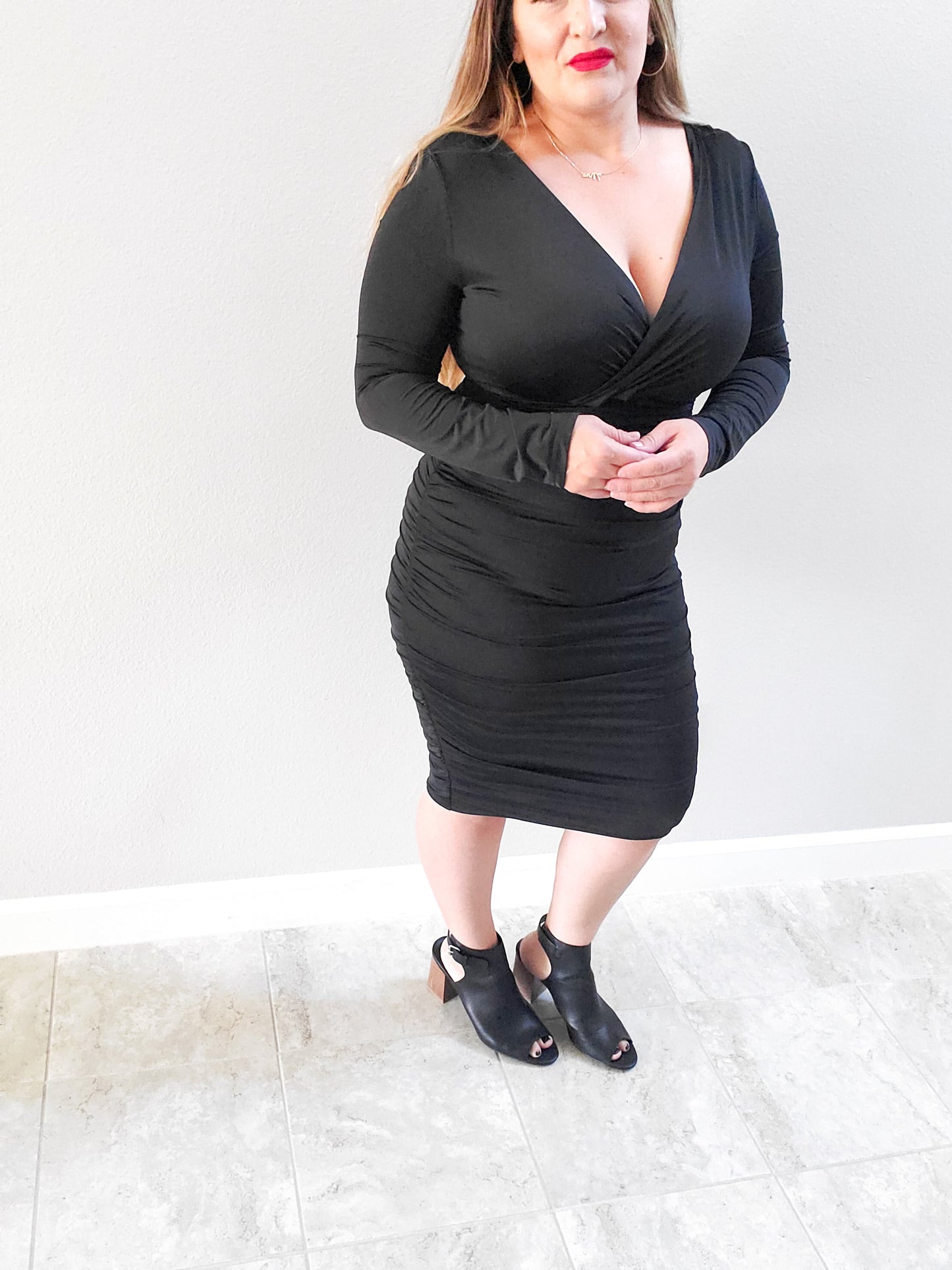 Ruched Black Midi Dress