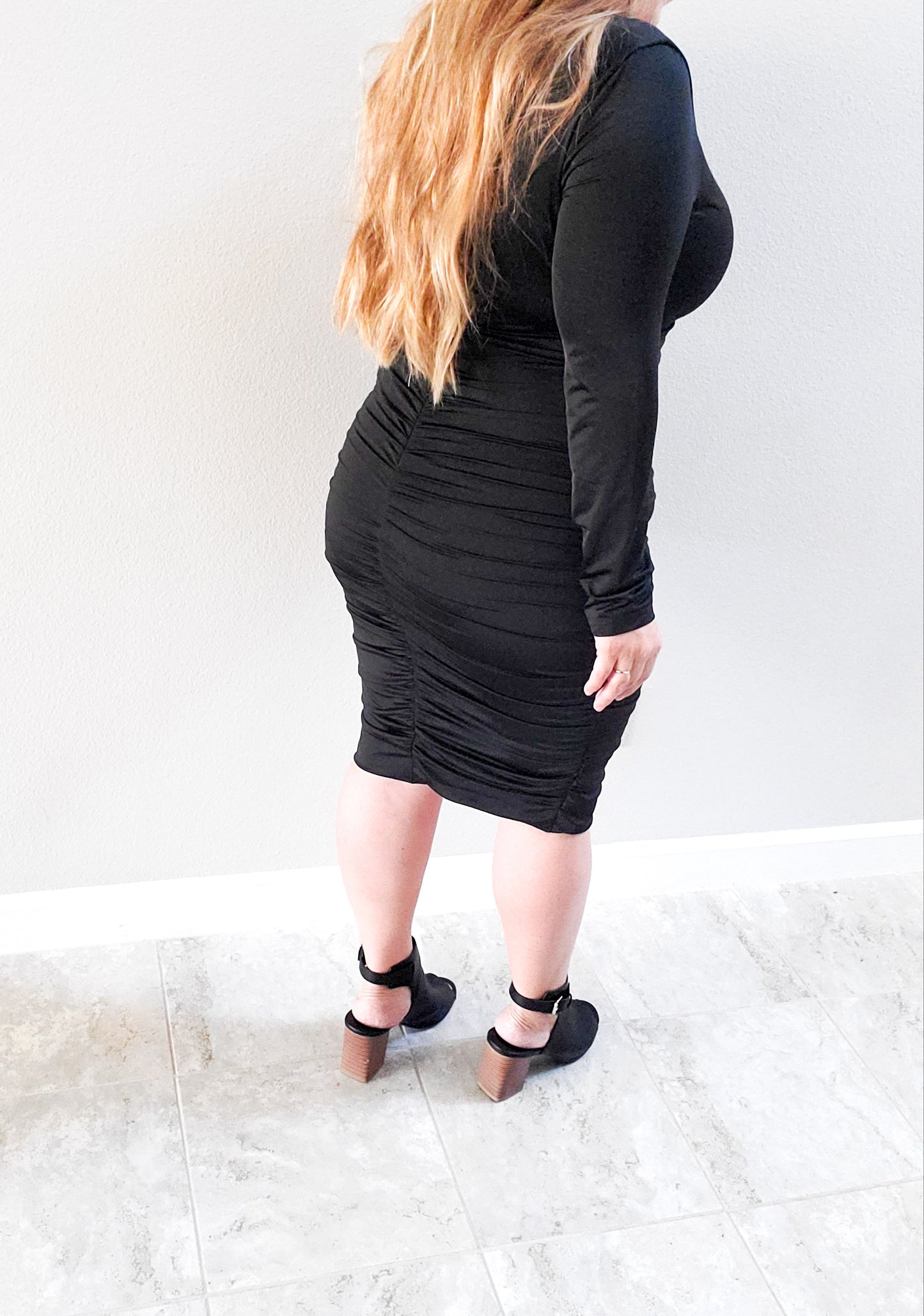 Ruched Black Midi Dress